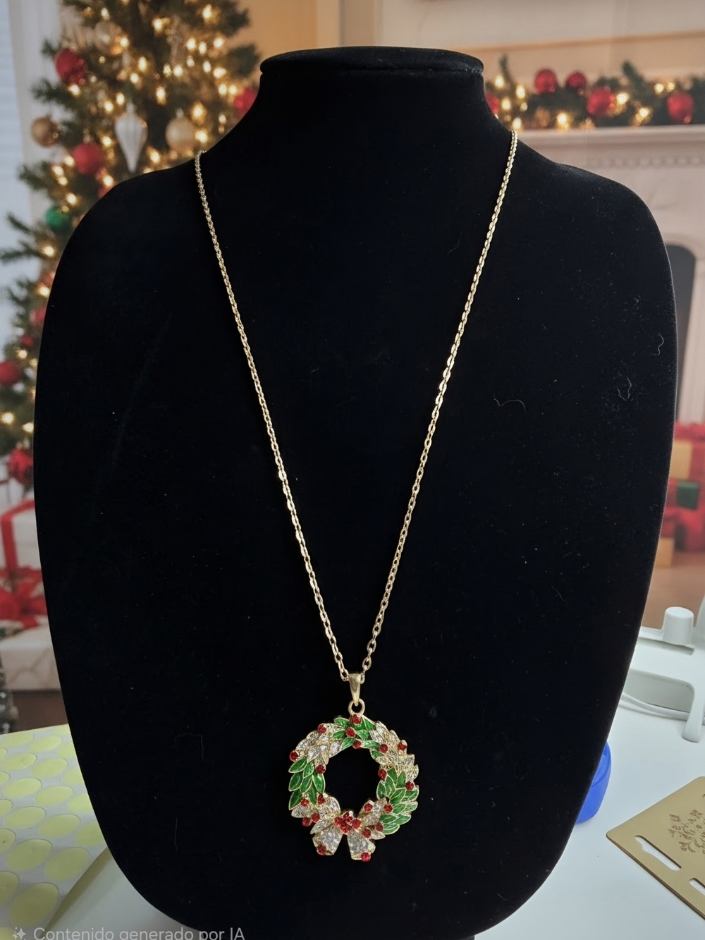 Gold-Tone Holiday Wreath Pendant Necklace with Red & Green Enamel
